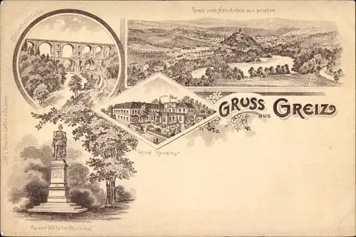 Litho Greiz im Vogtland, Elstertalbrücke, Kaiser Wilhelm Denkmal, Hotel Henning, Panorama