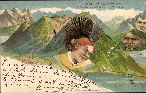 Künstler Ak Die Rigi, Ewig jung und ewig schön, Berge mit Gesichtern, P. Killinger No. 107