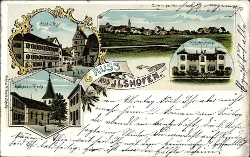 Litho Ilshofen im Kreis Schwäbisch Hall, Post und Tor, Rathaus, Kirche, Krankenhaus, Gesamtansicht