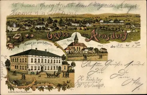 Litho Arnsdorf in Sachsen, Gasthof zur guten Hoffnung, Kirche, Schule, Ortschaft