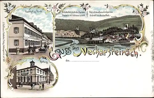 Litho Neckarsteinach Hessen, Gasthof zur Harfe, Rathaus, Gedicht Scheffel