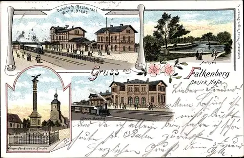 Litho Falkenberg an der Elster, Bahnhof, Bahnhofsrestaurant M. Bress, Anlagen, Kriegerdenkmal Kirche