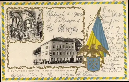Präge Wappen Passepartout Ak Bischofswerda in Sachsen, Hotel zur goldenen Sonne