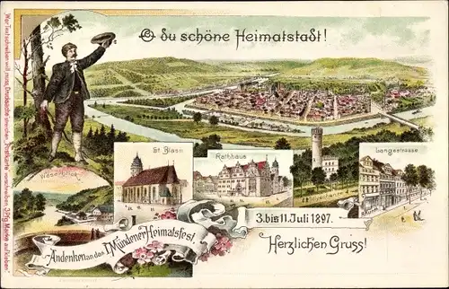 Litho Hann. Münden in Niedersachsen, Heimatfest 1897, St. Blasii, Rathaus, Langestraße