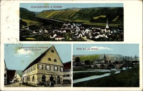 Ak Untermünkheim am Kocher Baden Württemberg, Handlung und Konditorei A. Schnüerlen, Brücke, Totale