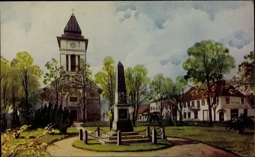 Künstler Ak Lübtheen in Mecklenburg, Kirchenplatz, Kriegerdenkmal