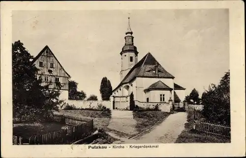 Ak Putzkau in der Oberlausitz, Kirche, Kriegerdenkmal