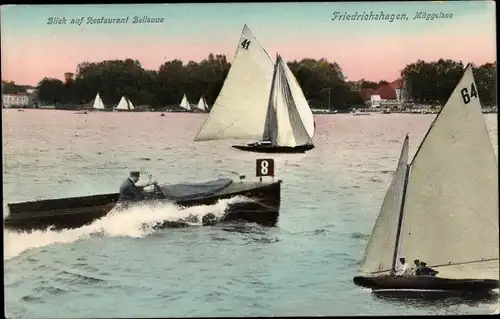 Ak Berlin Köpenick Friedrichshagen, Müggelsee, Restaurant Bellevue, Motorboot, Segelboote