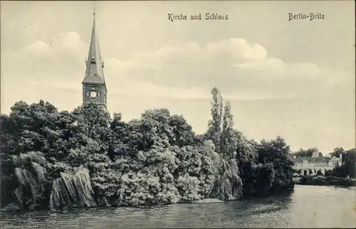 Ak Berlin Neukölln Britz, Kirche und Schloss