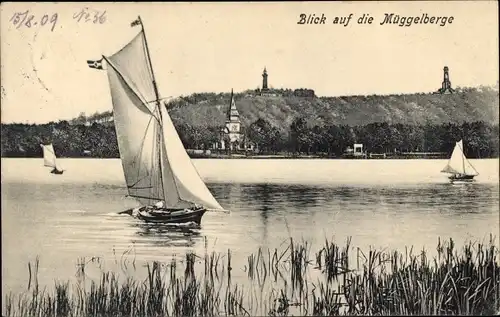Ak Berlin Köpenick Grünau, Blick auf Müggelberge, Segelboote, Teufelssee
