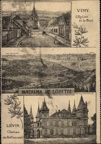 Künstler Ak Vimy Pas de Calais, L'Eglise et le Mont, Chateau de Rollencourt