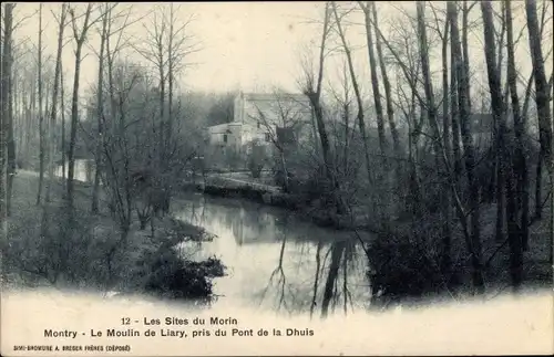 Ak Montry Seine et Marne, Le Moulin de Liary, pris du Pont de la Dhuis