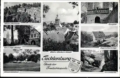 Ak Tecklenburg in Westfalen, Freilichtspiele, Wierturm, Engl. Kirche, Jugendherberge, Wappen