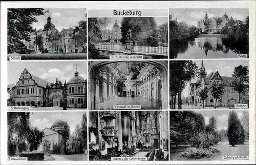 Ak Bückeburg im Kreis Schaumburg, Palais, Rathaus, Schloss, Schlosspark, Lutherkirche, Mausoleum