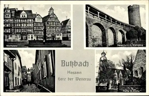 Ak Butzbach im Taunus Hessen, Marktplatz, Kirche, Hexenturm mit Wehrgang