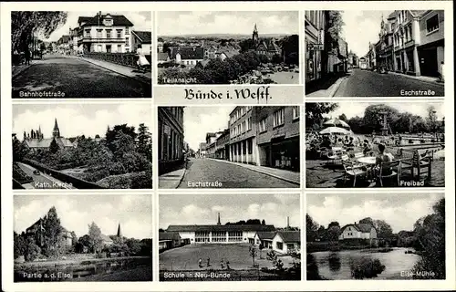 Ak Bünde in Westfalen, Bahnhofstraße, Eschstraße, Kirche, Freibad, Elsemühle, Schule