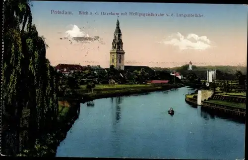 Ak Potsdam in Brandenburg, Blick a. d. Havelarm mit Heiliggeistkirche v. d. Landebrücke