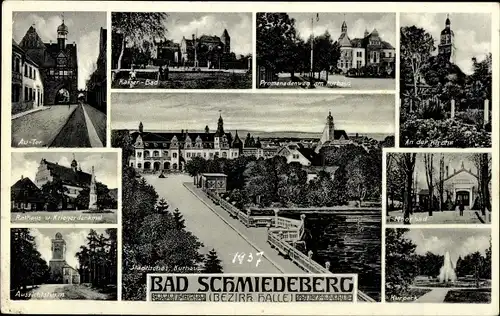 Ak Bad Schmiedeberg in der Dübener Heide, Teilansicht, Au Tor, Kirche, Kurpark, Rathaus, Denkmal