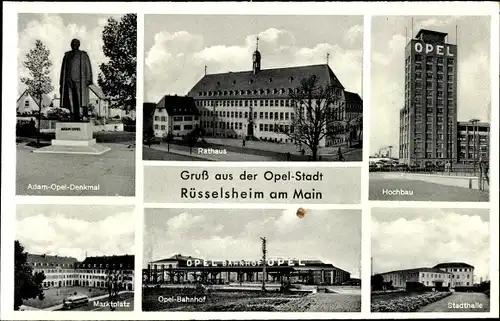 Ak Rüsselsheim am Main Hessen, Hochbau, Rathaus, Stadthalle, Marktplatz, Opel Bahnhof