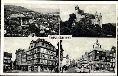 Ak Herborn im Lahn Dill Kreis, Schloss, Marktplatz mit Rathaus, vom Dollenberg