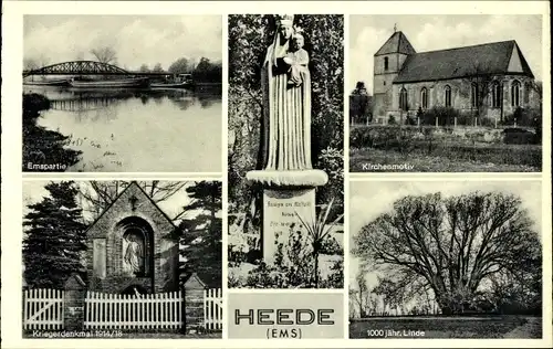 Ak Heede im Emsland, Strahlenmadonna, Kirche, Kriegerdenkmal, Emspartie, Linde