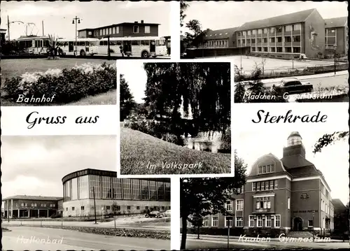 Ak Sterkrade Oberhausen Nordrhein Westfalen, Bahnhof, Busse, Volkspark, Hallenbad, Gymnasien