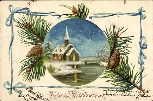 Passepartout Ak Frohe Weihnachten, Kirche im Winter, Flussidylle