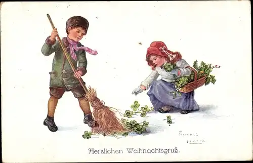 Künstler Ak Frohe Weihnachten, Kinder, Besen, Kleeblätter, Stechpalmenzweige