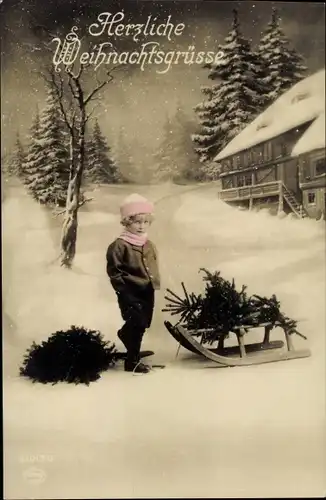 Ak Frohe Weihnachten, Kind mit Schlitten, Tannenbaum