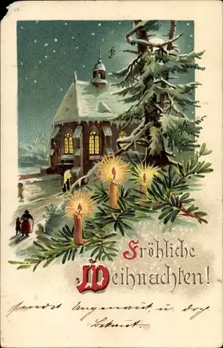 Präge Ak Frohe Weihnachten, Verschneite Kirche, Tannenzweig, Kerzen