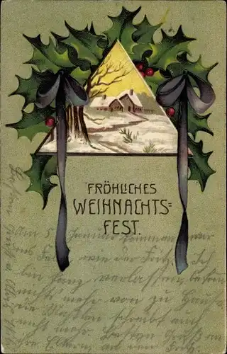 Präge Ak Frohe Weihnachten, Wintermotiv, Stechpalmenzweige, Schleifen