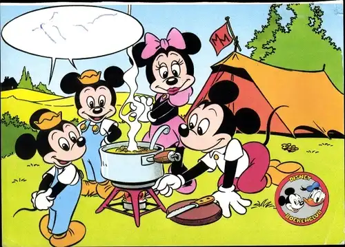 Künstler Ak Walt Disney, Mickey Maus, Minnie, Camping