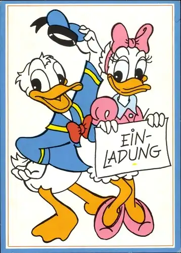 Künstler Ak Walt Disney, Einladung, Donald und Daisy Duck