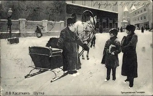 Künstler Ak Kasatkin, Nikolaj Alekseevich, Mann mit Schlittengespann, Schulkinder, russische Tracht