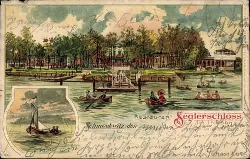 Litho Berlin Köpenick Schmöckwitz, Restaurant Seglerschloss, Segelboot, Ruderboote