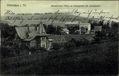Ak Oldisleben am Kyffhäuser Thüringen, Weineck'sche Mühle, Schmücke im Hintergrund