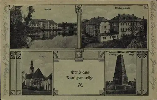 Ak Königswartha in der Oberlausitz, Kriegerdenkmal, Blindenanstalt, Schloss, Kirche