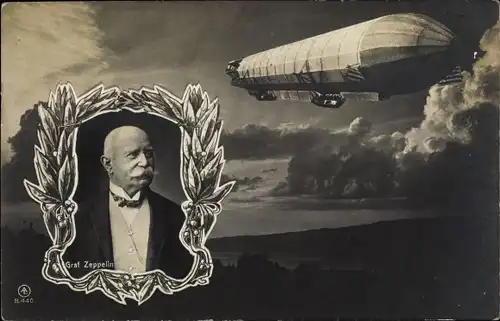 Ak Luftschiff im Flug, Portrait Graf Zeppelin, Lorbeerkranz