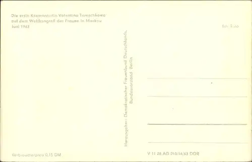 Ak Kosmonaut Walentina Wladimirowna Tereschkowa, Валентина Владимировна Терешкова, Weltkongress 1963
