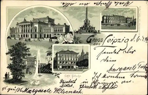 Litho Leipzig in Sachsen, Museum, Mendebrunnen, neues Theater, Cafe Felsche, Schwanenteich
