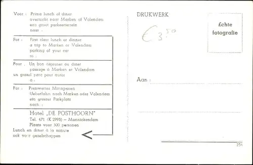 Ak Monnickendam Waterland Nordholland Niederlande, Hotel Café Restaurant De Posthoorn
