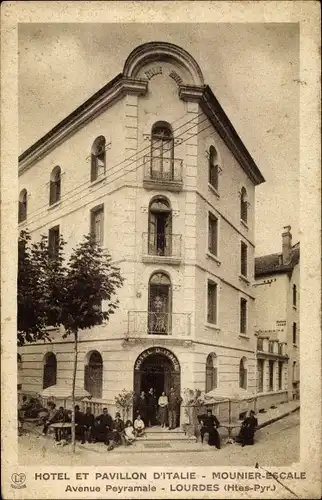 Ak Lourdes Hautes Pyrénées, Hotel et Pavillon d'Italie, Mounier Escale, Avenue Peyramale