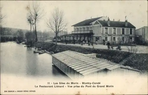 Ak Montry Condé Seine et Marne, Le Restaurant Lienard, Vue prise du Pont du Grand Morin