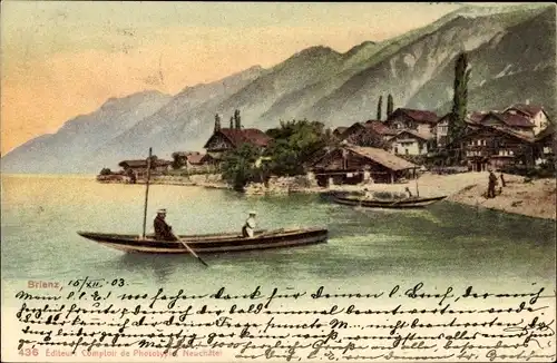 Künstler Ak Brienz Kanton Bern, Blick auf den Ort, Ruderboot