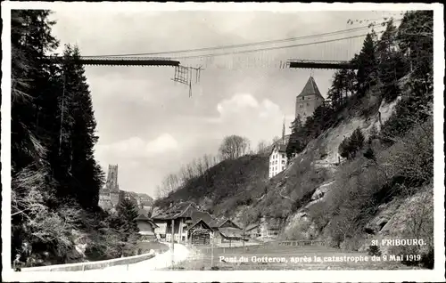 Ak Fribourg Freiburg Stadt Schweiz, Pont du Gotteron apres la catastrophe 1919, eingestürzte Brücke