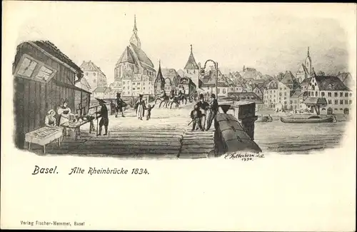 Künstler Ak Bâle Basel Stadt Schweiz, Alte Rheinbrücke 1834