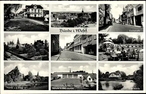 Ak Bünde in Westfalen, Bahnhofstraße, Eschstraße, Kirche, Freibad, Else, Schule