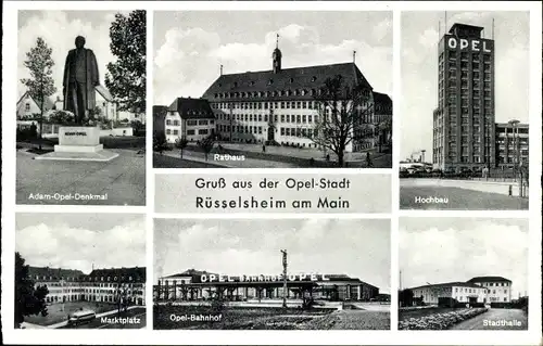 Ak Rüsselsheim Main, Adam Opel Denkmal, Rathaus, Bahnhof