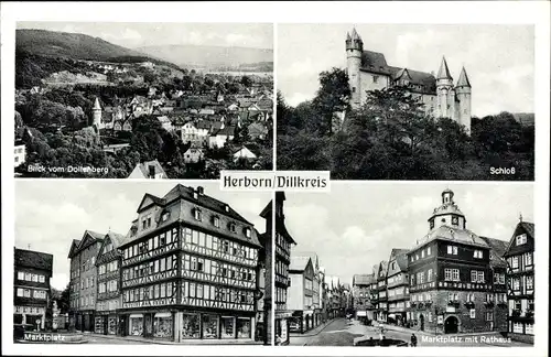 Ak Herborn im Lahn Dill Kreis, Schloss, Marktplatz mit Rathaus, vom Dollenberg