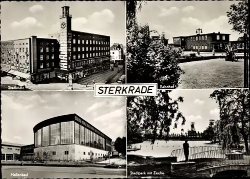 Ak Sterkrade Oberhausen Nordrhein Westfalen, Stadtmitte, Hallenbad, Bahnhof, Stadtpark m. Zeche